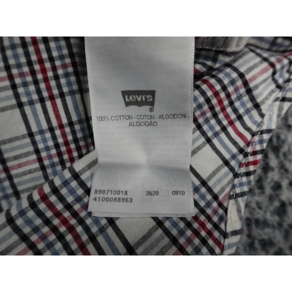 Levis Mens Western Pearl Snap Shirt M Plaid‎ Long Sleeve Red Blue White Cotton
